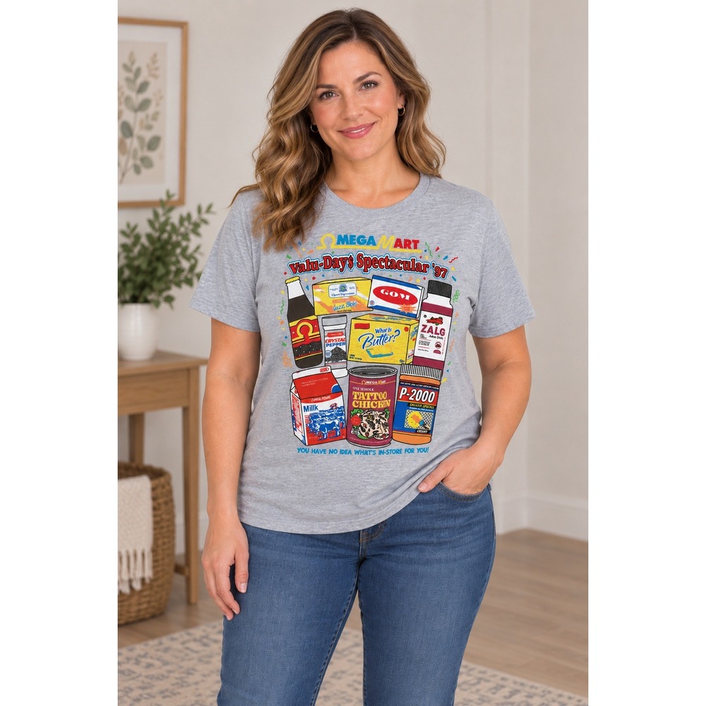 Omega Mart T-Shirt Womens Large Gray Valu-Days Spectacular 97 Pop Art Graphic